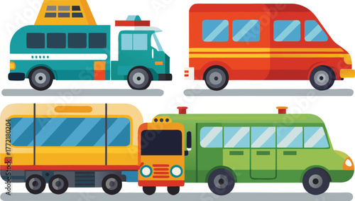Whimsical collection of colorful cartoon buses for children's books and transportation themed designs, perfect for cheerful and vibrant illustrations