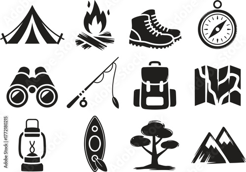 Collection of outdoor adventure and camping icons in black and white