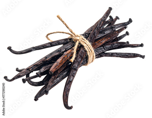Dried Vanilla Beans Bundled Together on White Background
