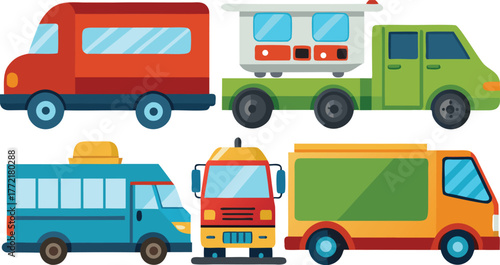 Colorful cartoon trucks and vans bring childhood joy and transport dreams, perfect for kids' illustrations and playful designs that spark imagination