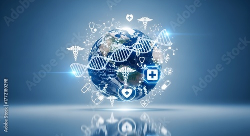Global Healthcare Innovation Earth surrounded by medical symbols