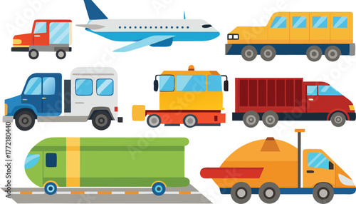 Playful transportation set featuring various vehicles including airplane, trucks, and bus for children's educational resources or transportation themes