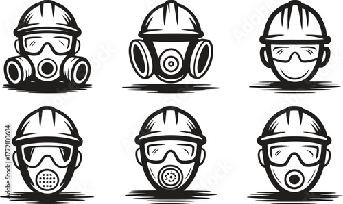 Set of six industrial worker safety masks and hard hats