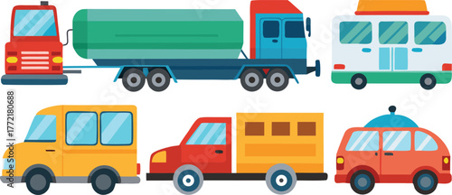 Colorful cartoon vehicles collection including delivery truck, transport bus, oil tanker, and mini van bringing joy to transportation concept