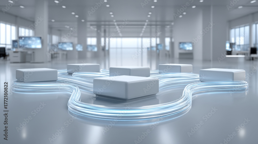 Fototapeta premium Minimal 3D SD-WAN cloud with three connected branch tiles on white background
