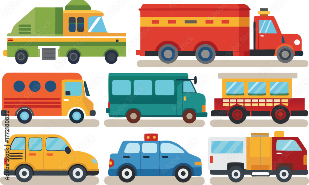 Fototapeta premium Playful transportation adventures featuring a colorful collection of cartoon trucks, vans, and cars perfect for kids' designs and transportation themes