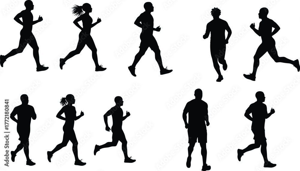 Naklejka premium Running silhouettes, diverse runners, athletic motion, fitness activity, jogging poses, human movement, sports training, black figures, dynamic posture, white background