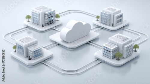 Minimal 3D SD-WAN cloud network with three connected branch tiles on white background