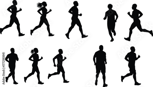 Running silhouettes, diverse runners, athletic motion, fitness activity, jogging poses, human movement, sports training, black figures, dynamic posture, white background