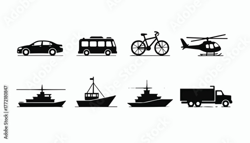 Black silhouette transportation icons on white background Keywords: car, sedan, bus, bicycle