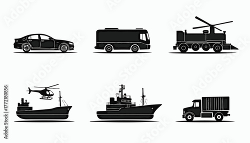 Black silhouette vehicles and transport icons Keywords: car, sedan, bus, train, locomotive