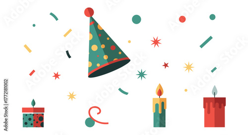 Party celebration vector design with hat candles confetti and stars for festive occasion decoration element