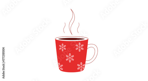 Winter holiday red mug with snowflakes steaming hot drink christmas season beverage vector graphic design