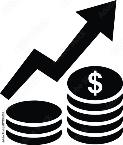 Financial Growth Vector Silhouette Black and White with Coins and Upward Arrow