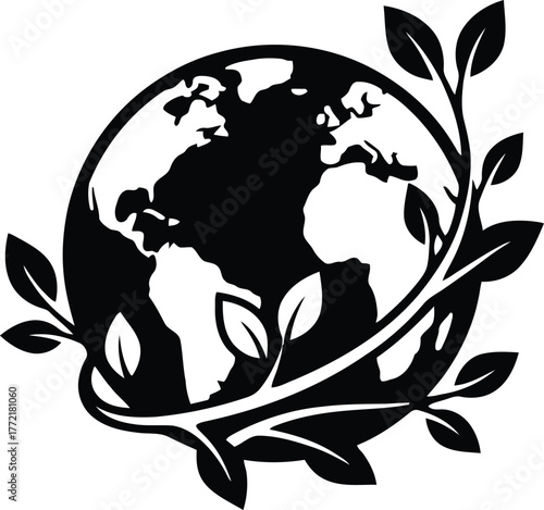 Earth Eco Leaves Vector Silhouette Black and White Representing Sustainability and Peace