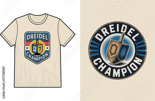 Dreidel champion design presented on a light beige t shirt mockup