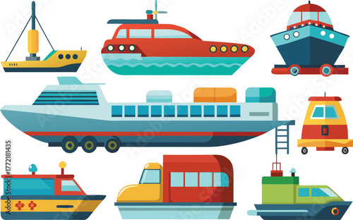 Whimsical fleet of cartoon boats ready for a fun adventure across the sea, perfect for children's books and nautical themes, vibrant and playful design