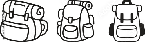 Three hand drawn backpacks for camping and hiking adventures