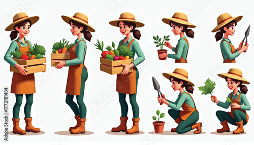 Cartoon gardener woman with vegetables and plants in multiple poses