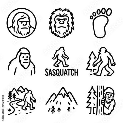 A set of doodle line icons featuring Sasquatch, Bigfoot, footprints, and forest scenes, ideal for mystery, wilderness, or cryptid themes