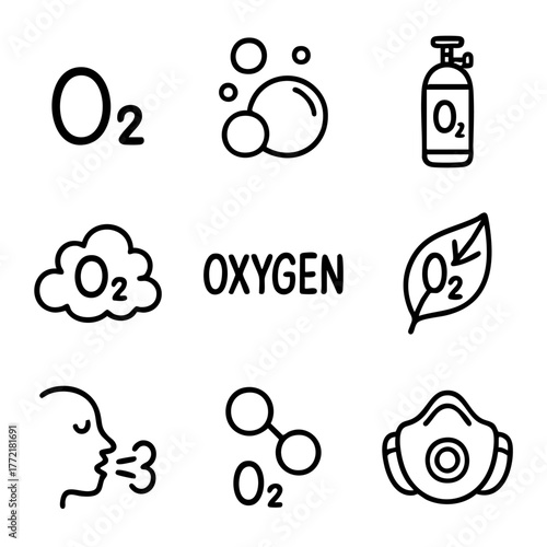 A set of doodle line icons representing oxygen, breathing, air, and related symbols, ideal for health, science, or environment themes