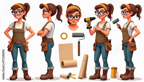 Cartoon woman with home improvement tools and supplies in multiple poses