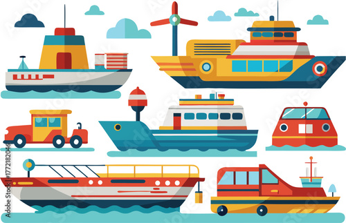 Colorful fleet of cartoon boats floating on the sea, perfect for cheerful children's designs and nautical themed projects, adding a playful touch