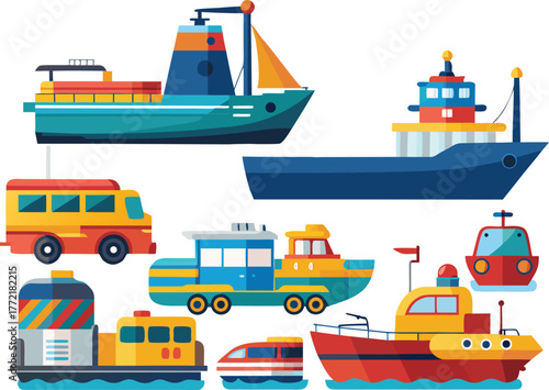 Delightful collection of colorful cartoon ships and boats perfect for children's books, vibrant educational materials, and nautical themed designs