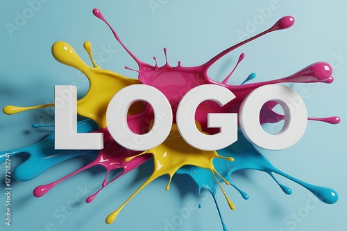 Wallpaper Mural White word LOGO emerging from vibrant splashes of yellow pink and blue liquid paint logo text Torontodigital.ca