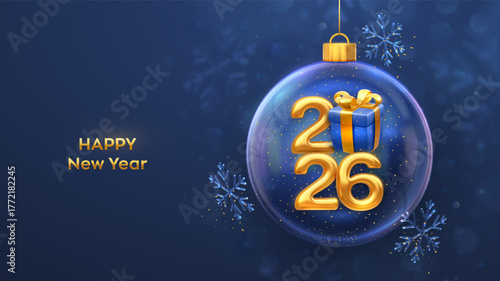 Happy New Year 2026. Golden metallic 2026 numbers with blue gift box and golden bow inside transparent Christmas bauble, decorated with shining snowflakes on blue background. Vector illustration.