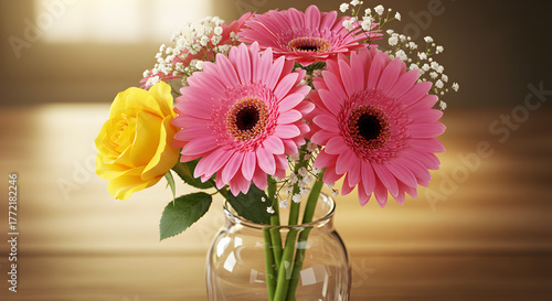 Wallpaper Mural Vibrant Bouquet — Pink Gerbera and Yellow Roses Torontodigital.ca