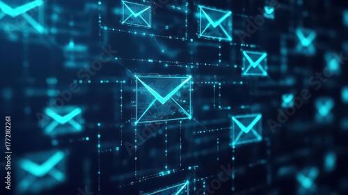 Digital Communication Network with Multiple Encrypted Email Icons and Data Flow Representing Cybersecurity Technology and Internet Data Transmission