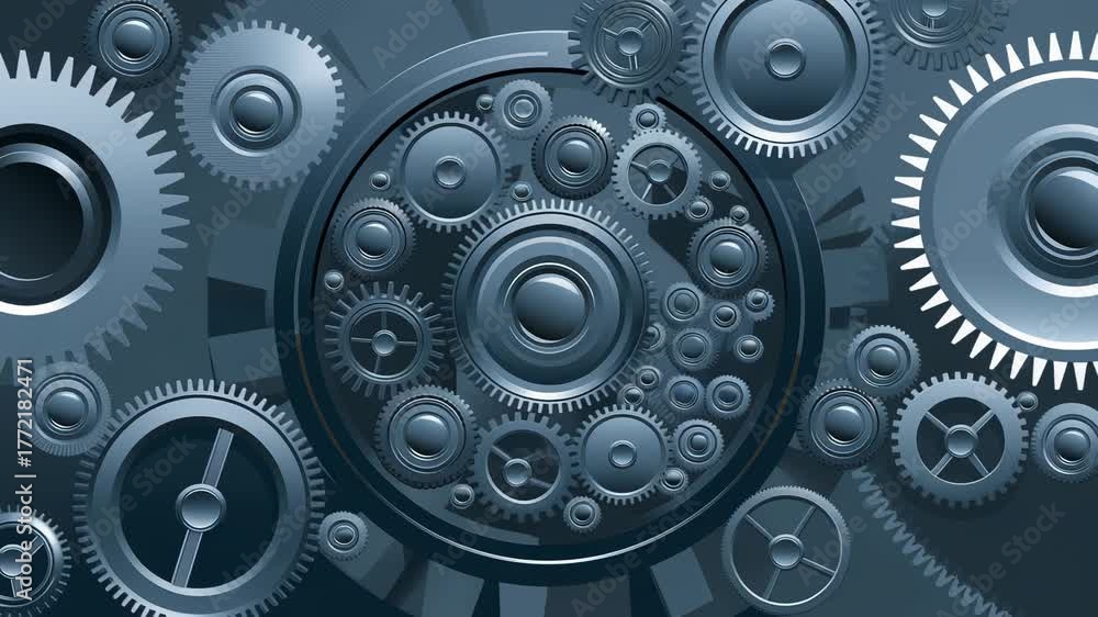 Intricate mechanical clockwork gears rotating seamlessly in a dark blue tone