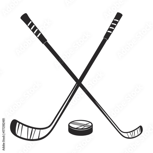 A classic black and white illustration of two crossed hockey sticks with a hockey puck resting between them on a clean white background