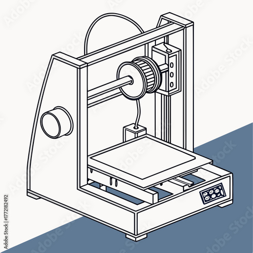 A clean line art isometric illustration of a modern desktop 3d printer with a spool of filament ready for additive manufacturing processes