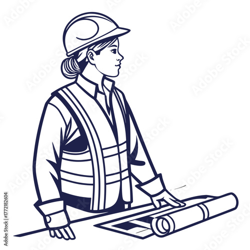 A focused female engineer wearing a hard hat and safety vest examines blueprints and plans on a table symbolizing construction planning and project management