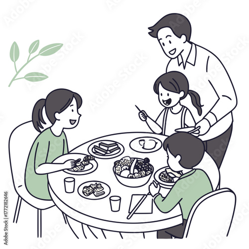 A happy family of four enjoys a delicious meal together around a round dining table sharing food and conversation during a warm and inviting mealtime scene