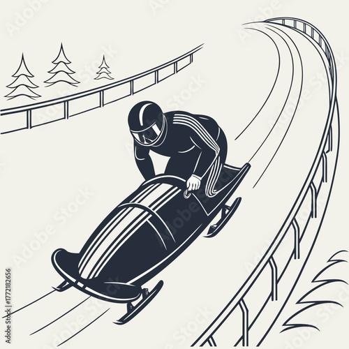 A lone bobsledder in a sleek racing suit navigates a sharp curve on a steep icy track during a thrilling winter sports competition