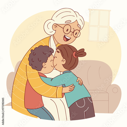 A loving grandmother is embraced and kissed by her two happy grandchildren a boy and a girl in a warm and cozy living room setting