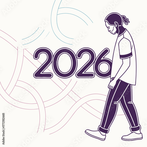 A lone figure walks towards the year 2026 surrounded by abstract flowing lines representing the path forward and future possibilities