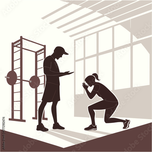 A male fitness coach instructs a female athlete performing a lunge exercise in a modern gym with weightlifting equipment and large windows