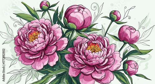 Vibrant pink peonies blossom with lush green foliage and delicate line art on a light background, creating a cheerful and artistic floral arrangement.