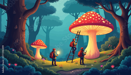 Explorers with backpacks and lanterns in a magical mushroom forest