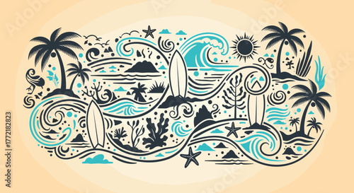 Abstract retro illustration capturing the essence of a summer beach vacation with surfboards, palm trees, and ocean waves.