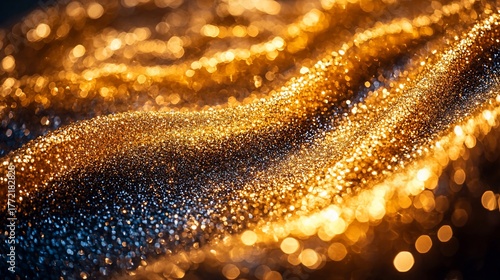 Abstract rendering of shimmering, flowing particles, creating a wave-like pattern, with bokeh