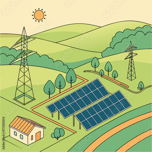 A stylized isometric illustration depicts a rural landscape with solar panels a small house and power transmission towers under a bright sun