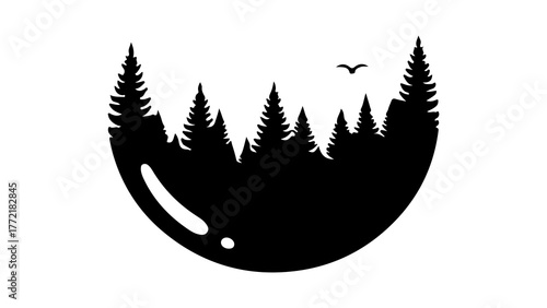 Forest silhouette with bird and moon with transparent background