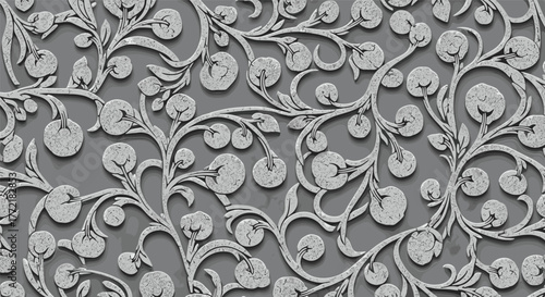 Wallpaper Mural Decorative seamless pattern featuring an elegant embossed design of silver floral vines with textured circular fruit elements on a gray background. Torontodigital.ca