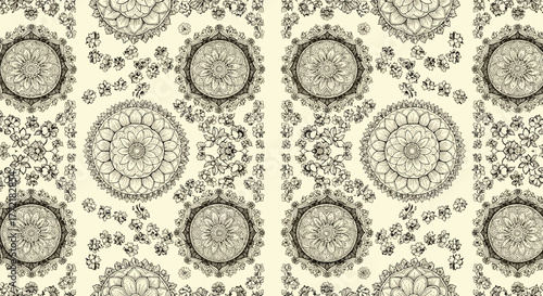 Intricate seamless pattern with ornate floral mandalas and delicate scattered blossoms on a cream background.