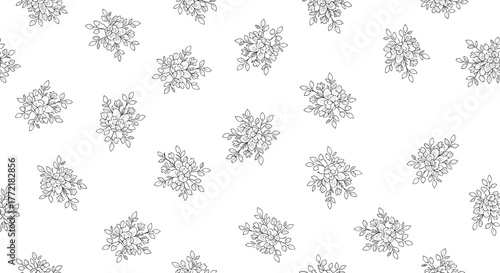 Hand-drawn seamless pattern featuring delicate floral bouquets and leafy branches scattered across a clean white background.